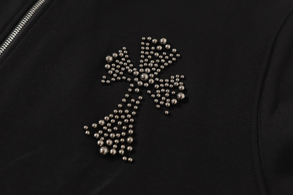 Chrome-Hearts Rhinestone Cross Hoodie - Black Gothic Streetwear Sweatshirt 2633