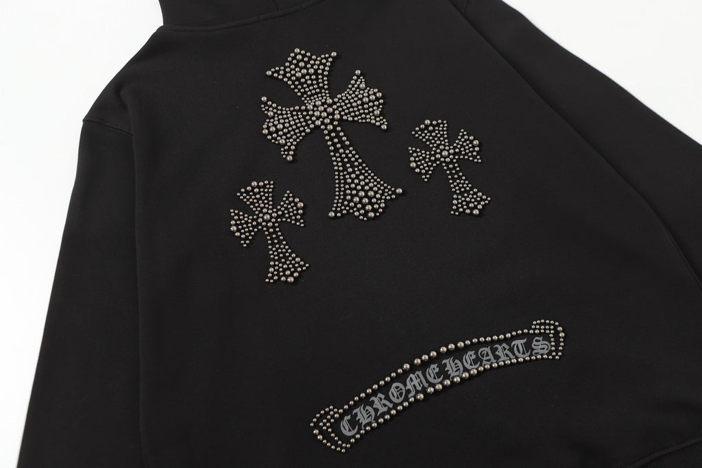 Chrome-Hearts Rhinestone Cross Hoodie - Black Gothic Streetwear Sweatshirt 2633