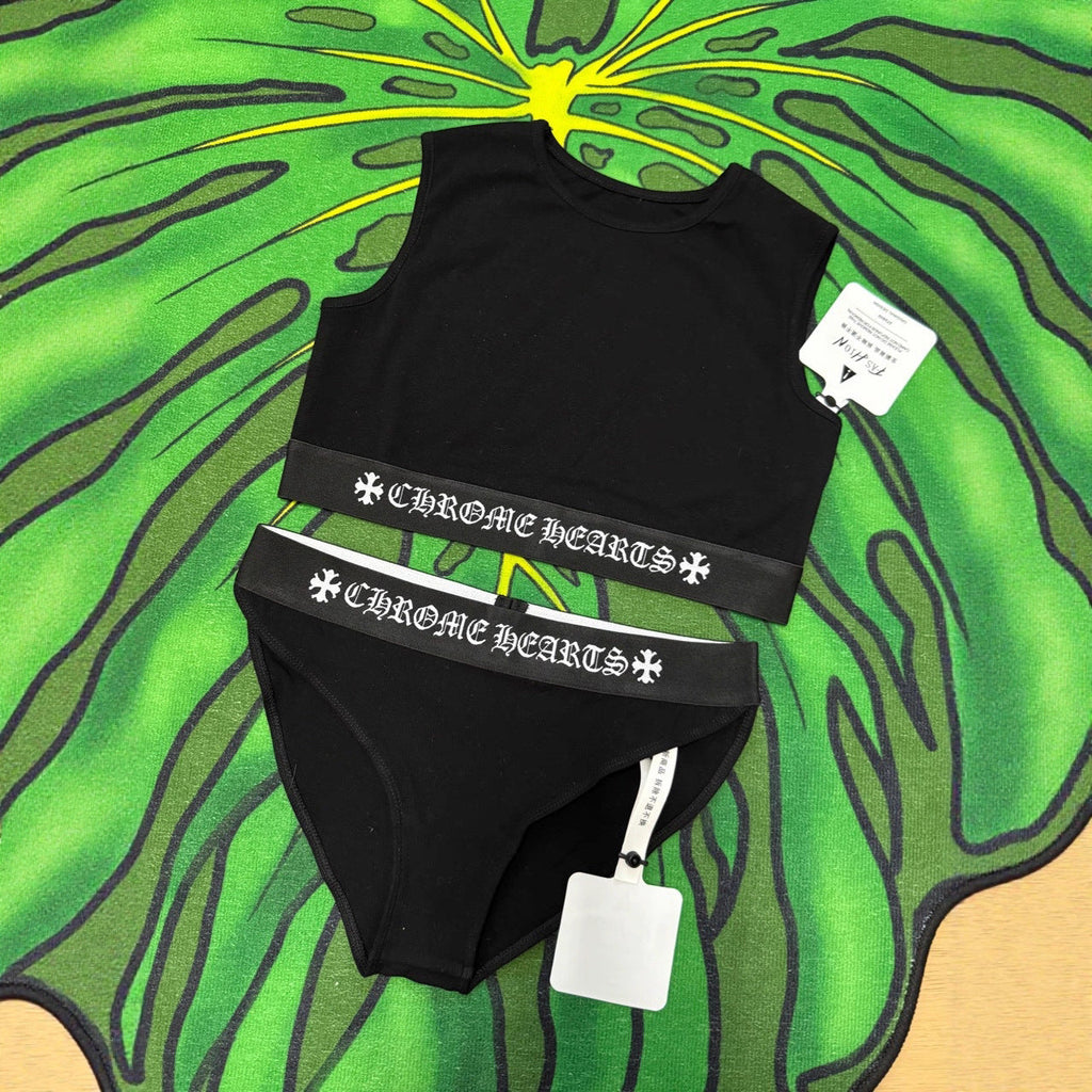 Chrome Hearts Yoga Sportswear Cross-Patterned Sanskrit Ribbon Slim Waist Vest and Shorts Set