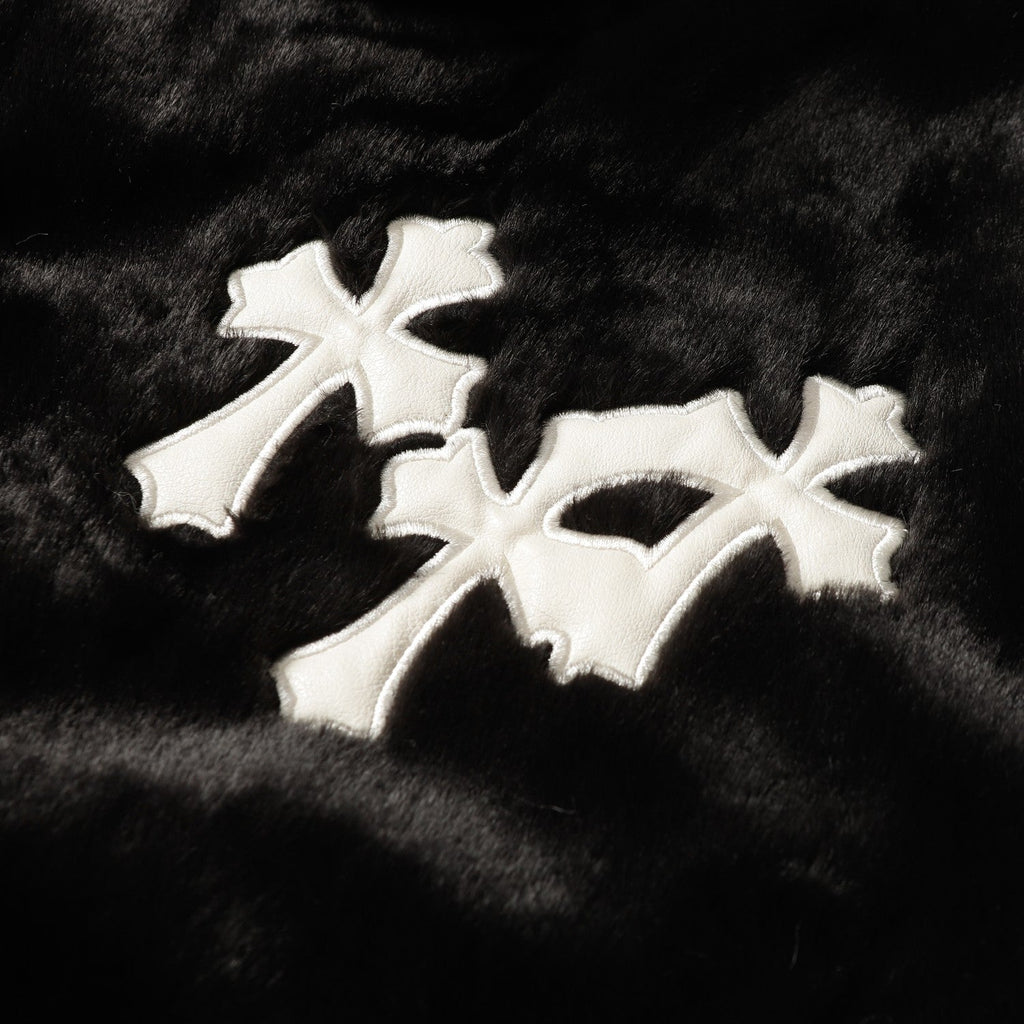 Chrome-Hearts Faux Fur Cross Varsity Jacket - Black White Gothic Streetwear 035