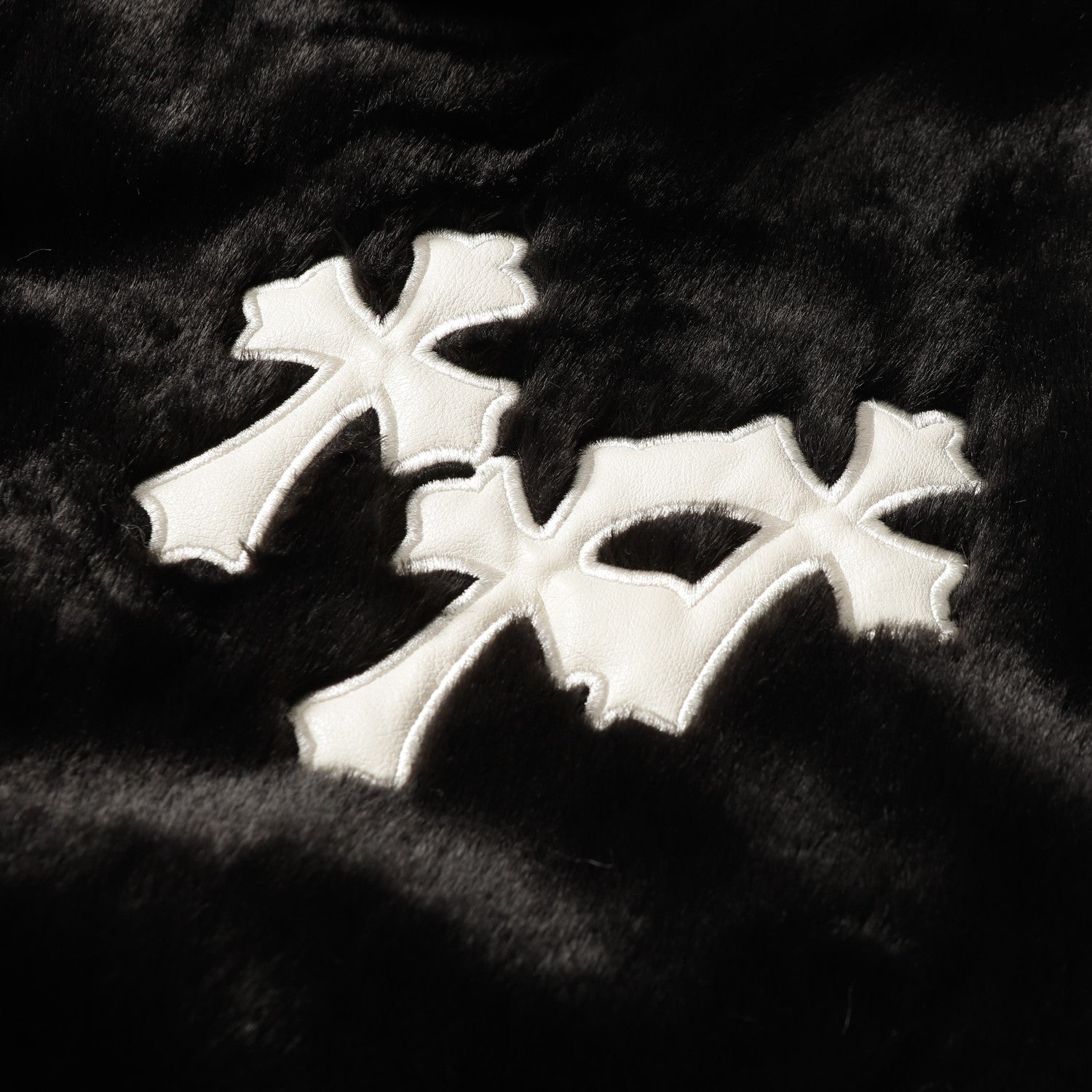 Chrome-Hearts Faux Fur Cross Varsity Jacket - Black White Gothic Streetwear 035