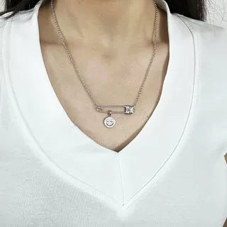 Chrome Hearts silver full diamond smiley face brooch necklace