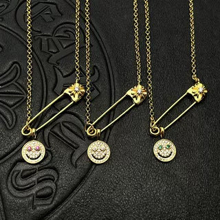 Chrome Hearts gold full diamond smiley face brooch necklace