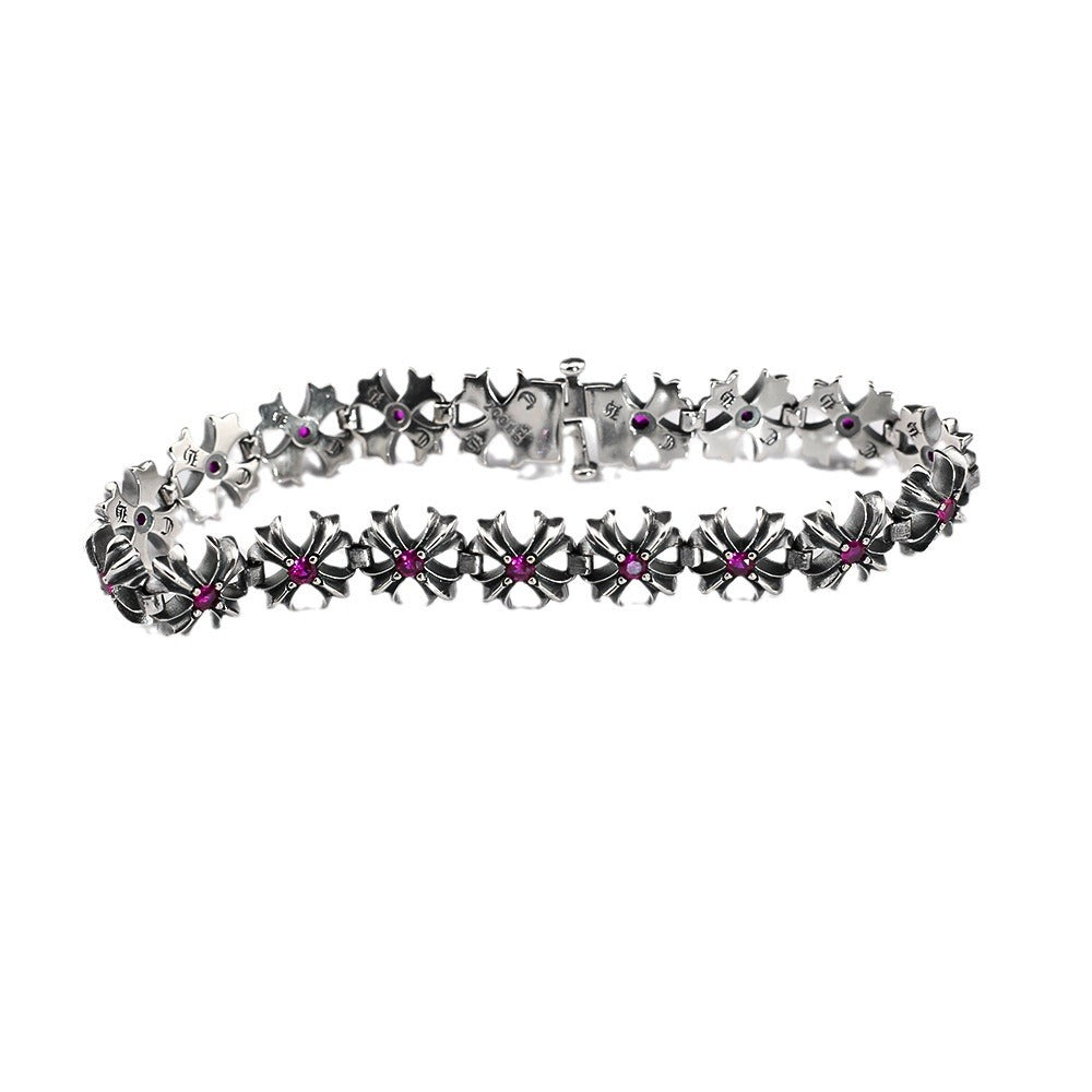Chrome Hearts Red Diamond Cross Flower Pink Sapphire Plus Bracelet