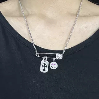 Chrome Hearts Silver Tag Smiley Face Diamond-Inlaid Pin Necklace