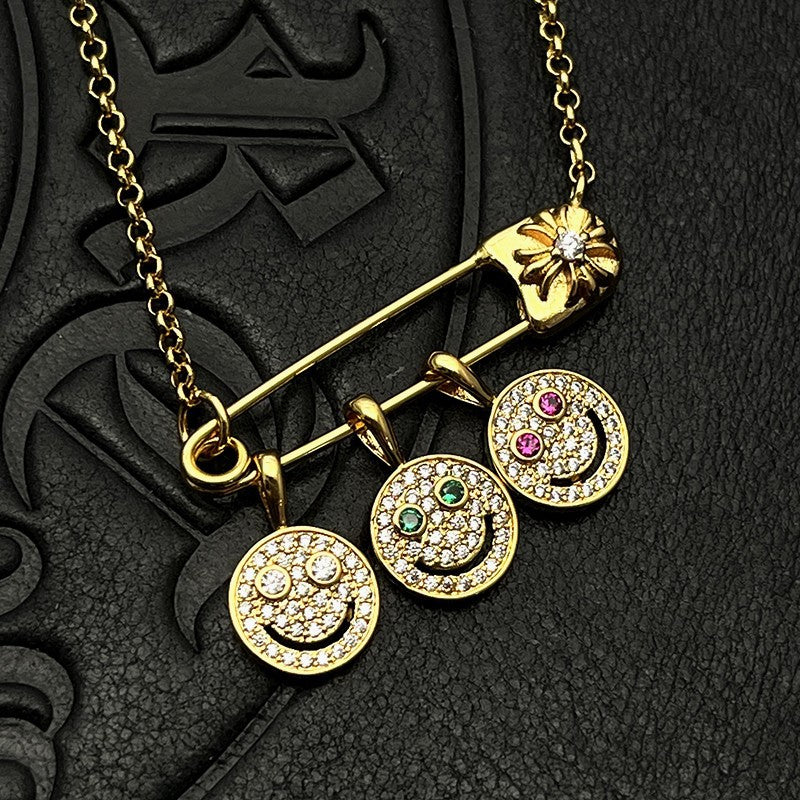 Chrome Hearts gold full diamond smiley face brooch necklace
