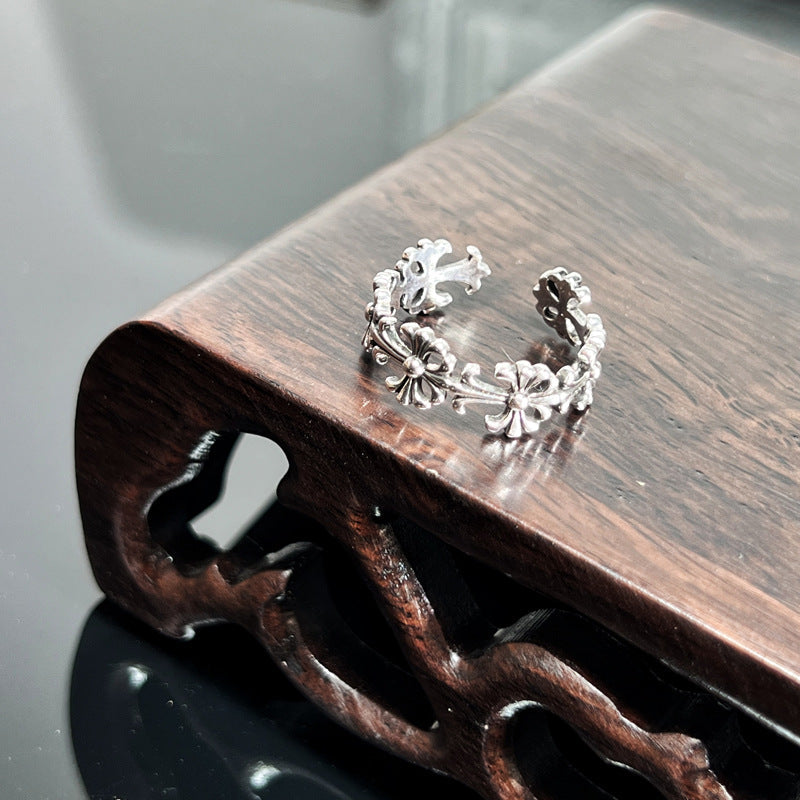 Chrome Hearts distressed iris cross open adjustable ring