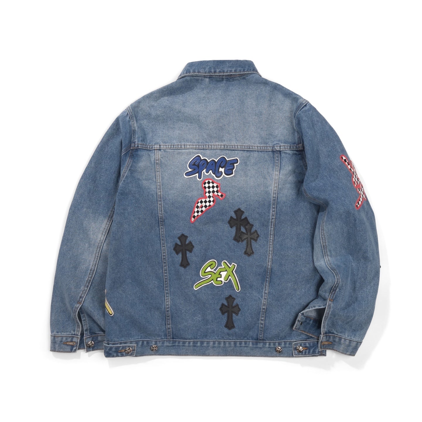 Chrome-Hearts Patchwork Denim Jacket - Vintage Blue Gothic Street Jacket 0789